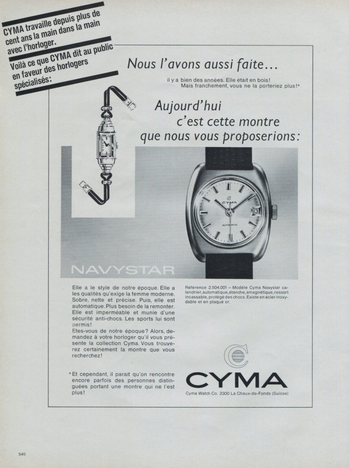 Cyma Watch Company Navystar Advert Vintage 1968 Swiss Ad Suisse Horology Cyma SA