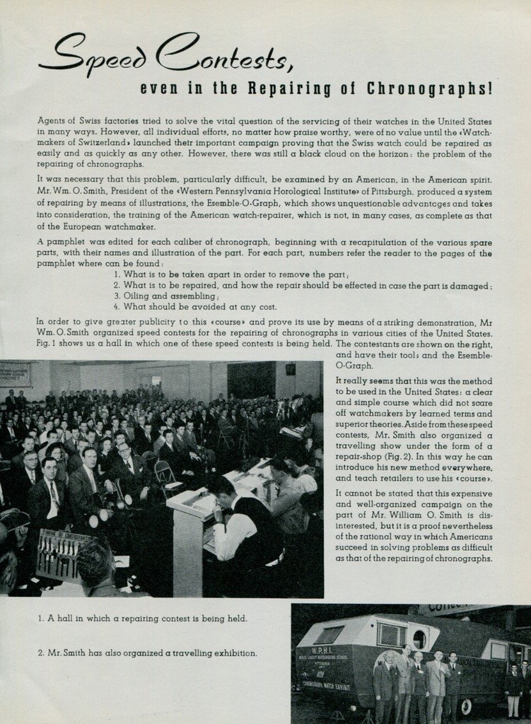 1950 Speed Contests in Repairing Chronographs William O Smith 1950 Swiss Magazine Article