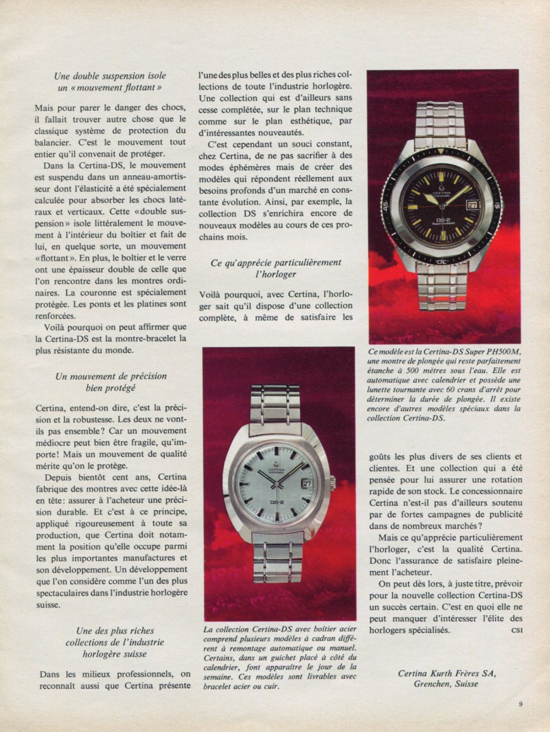 Certina Watch Company Grenchen Switzerland Vintage 1969 Swiss Ad Suisse Advert