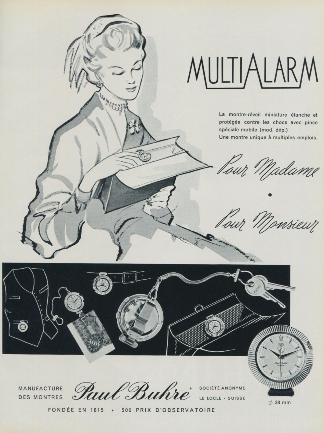 Paul Buhre Watch Company MultiAlarm Vintage 1956 Swiss Ad Suisse Advert Horology