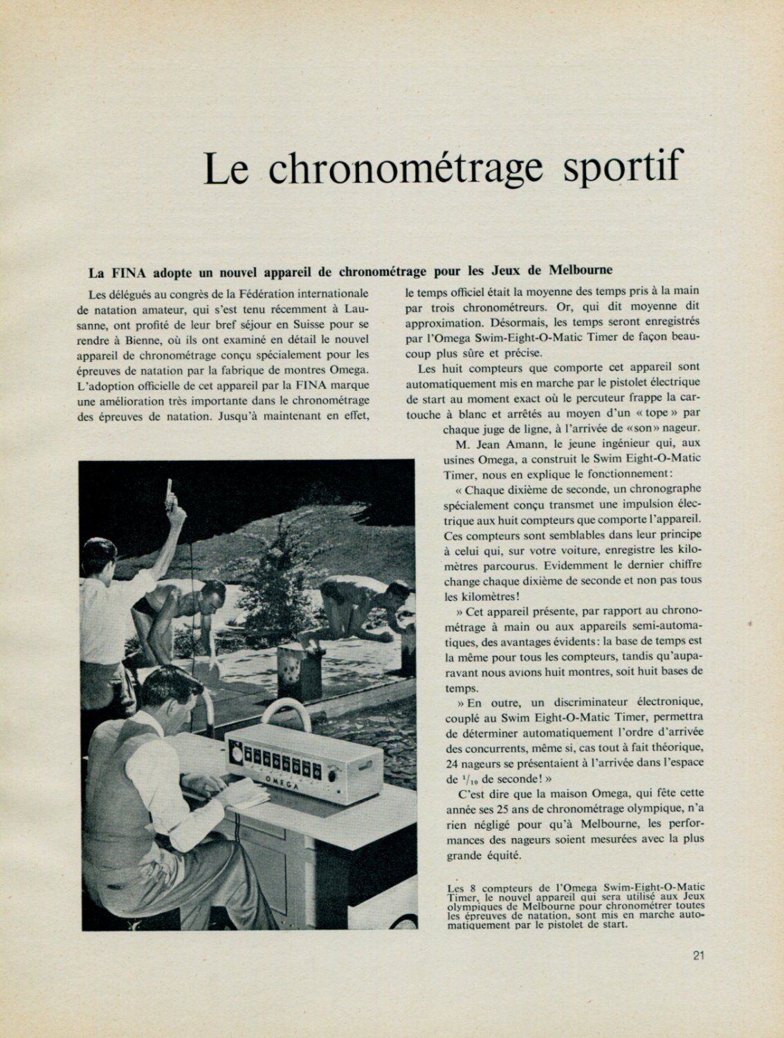 1956 FINA Omega Swim-Eight-O-Matic Timer Omega Watch Co. 1956 Swiss Magazine Article