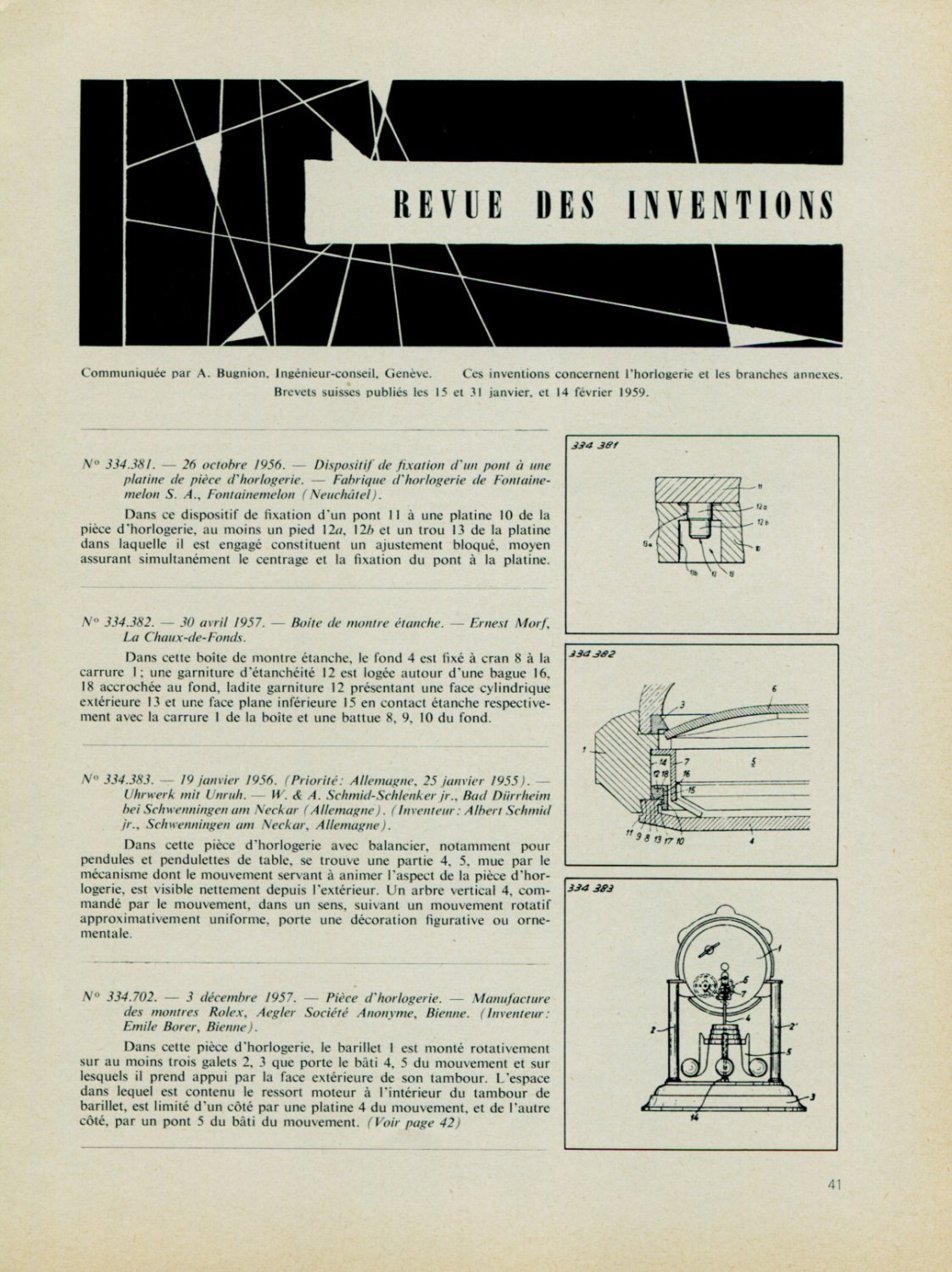 Revue Swiss Horology Patents Inventions 1959 Revue Brevets Suisse l'Horlogerie