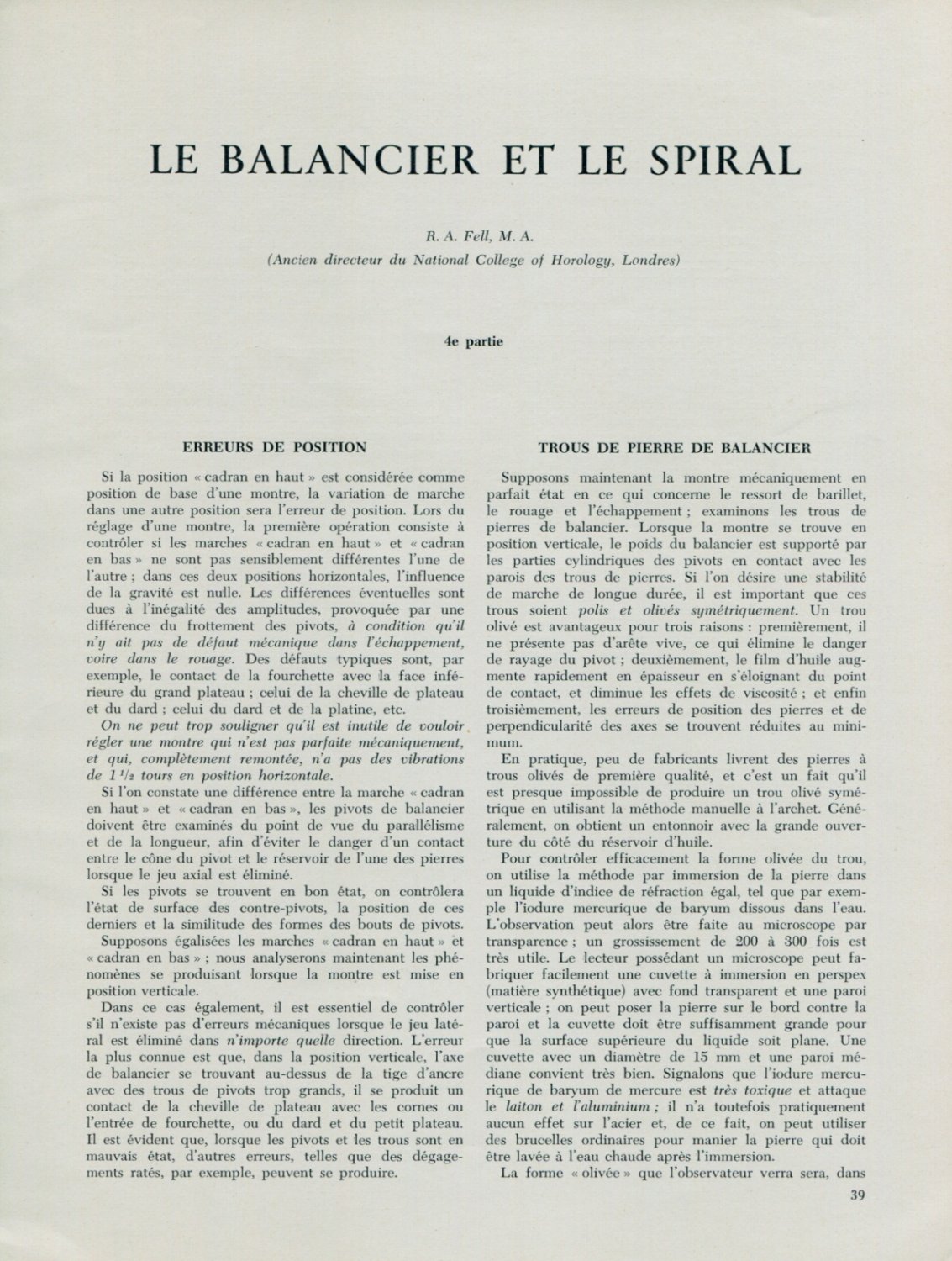 Le Balancier et le Spiral 4e Partie (Part 4) RA Fell 1956 Swiss Magazine Article