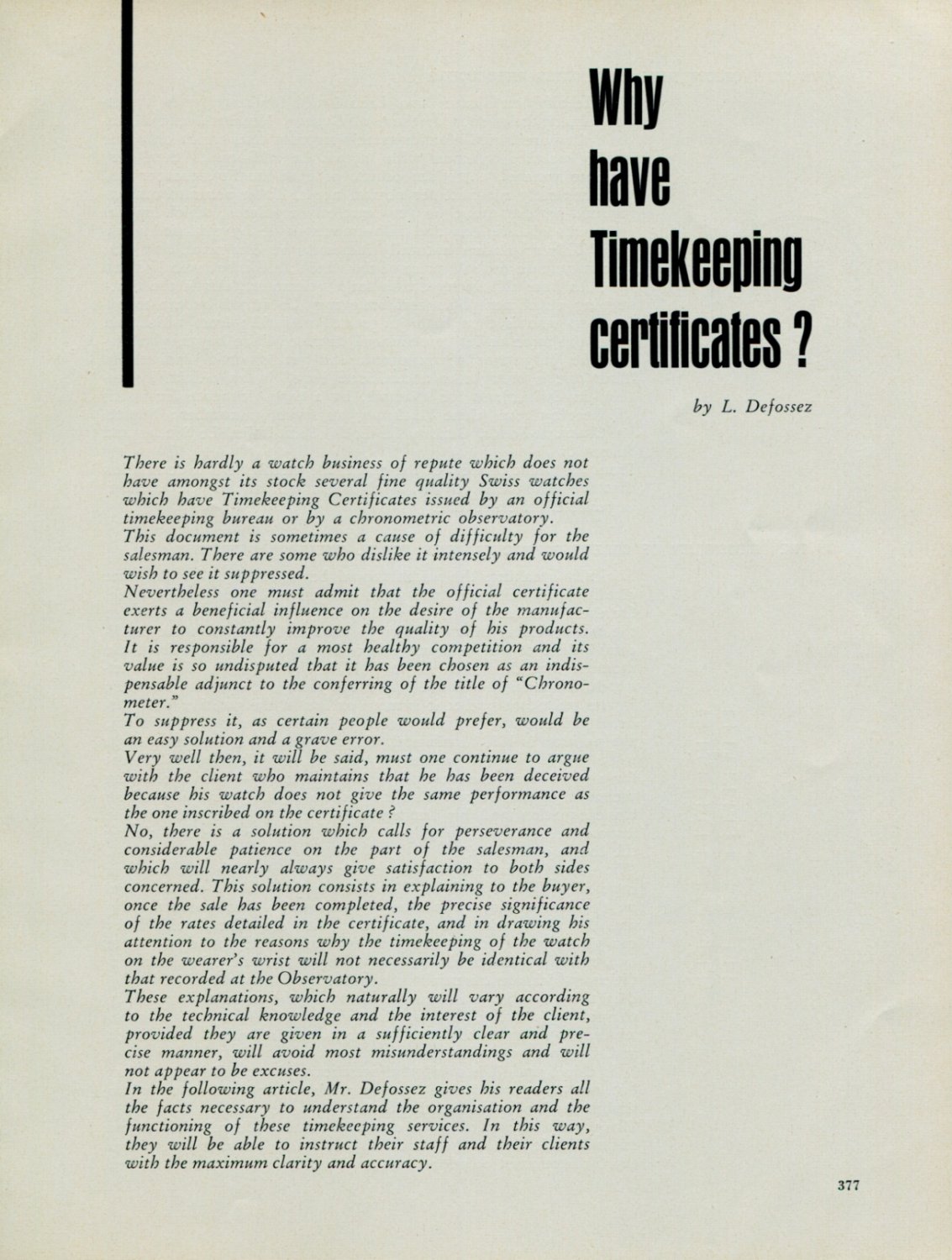 1956 - Why Have Timekeeping Certificates? by L Defossez  Swiss Magazine Article (Horology)