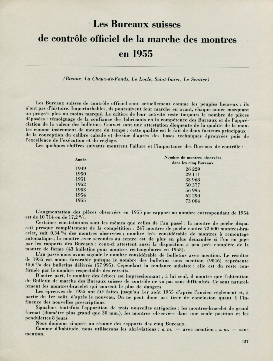 1956 Les Bureau Suisses de Controle Officiel de la Marche des Montres en 1955 Horlogerie Horology