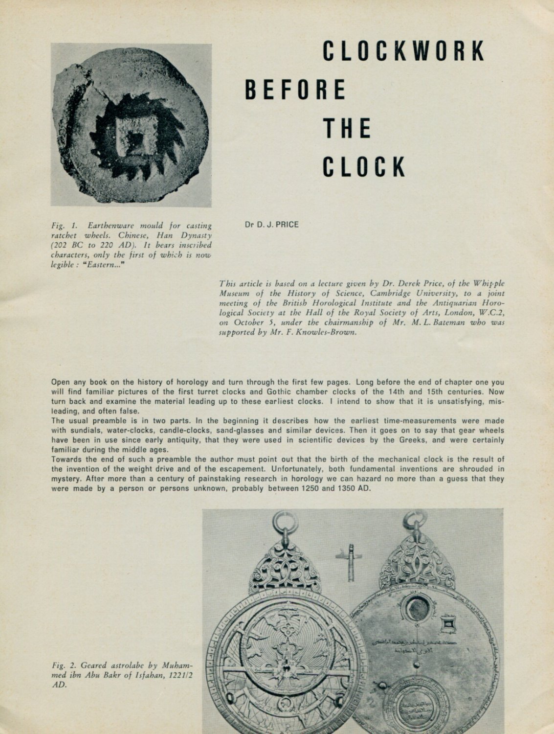 Clockwork Before the Clock by D. J. Price 1956 Swiss Magazine Article Horology