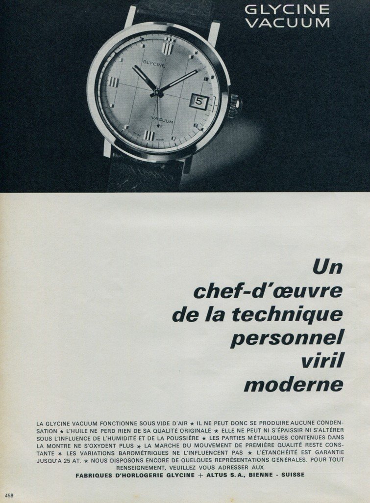 1964 Glycine Watch Company Glycine + Altus Vacuum Advert Vintage 1964 Swiss Ad Suisse Advert