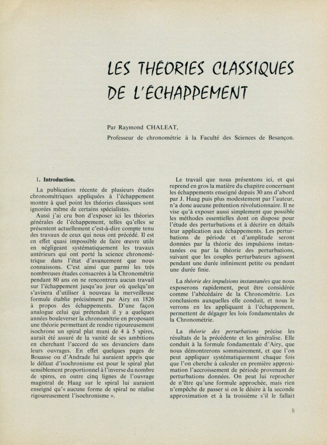 1959 Theories Classiques de l' Echappement by Raymond Chaleat 1959 Swiss Magazine Article Suisse