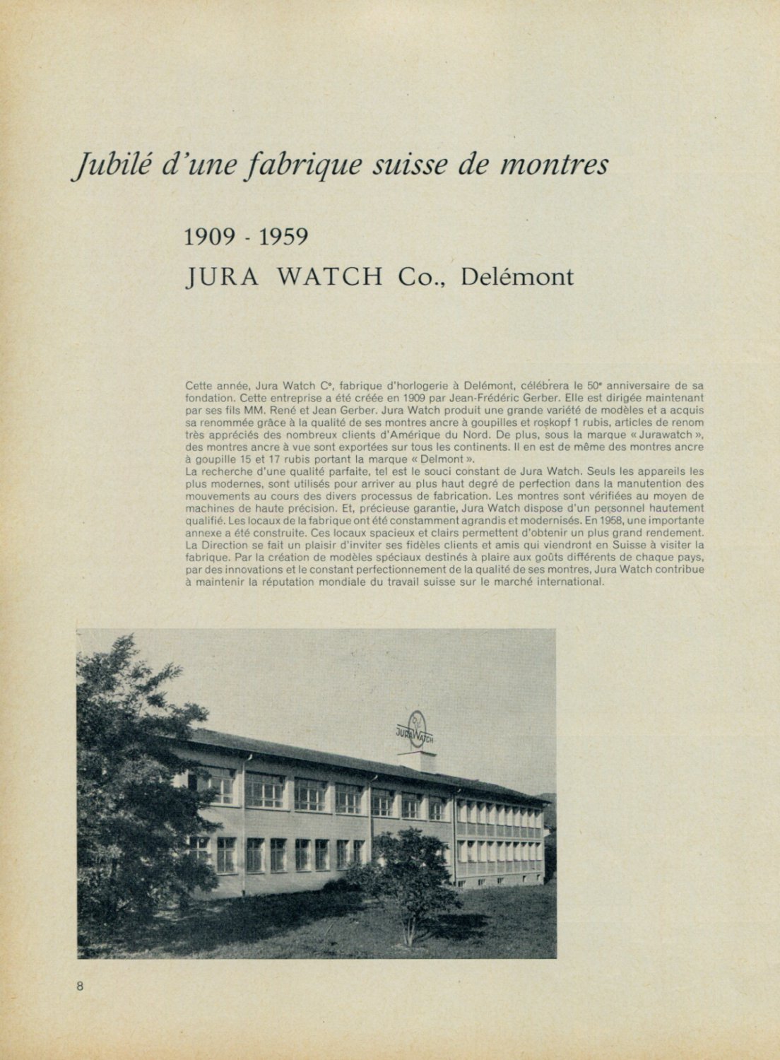 1959 Jura Watch Company 50 Year Anniversary 1909-1959 Swiss Magazine Article Switzerland