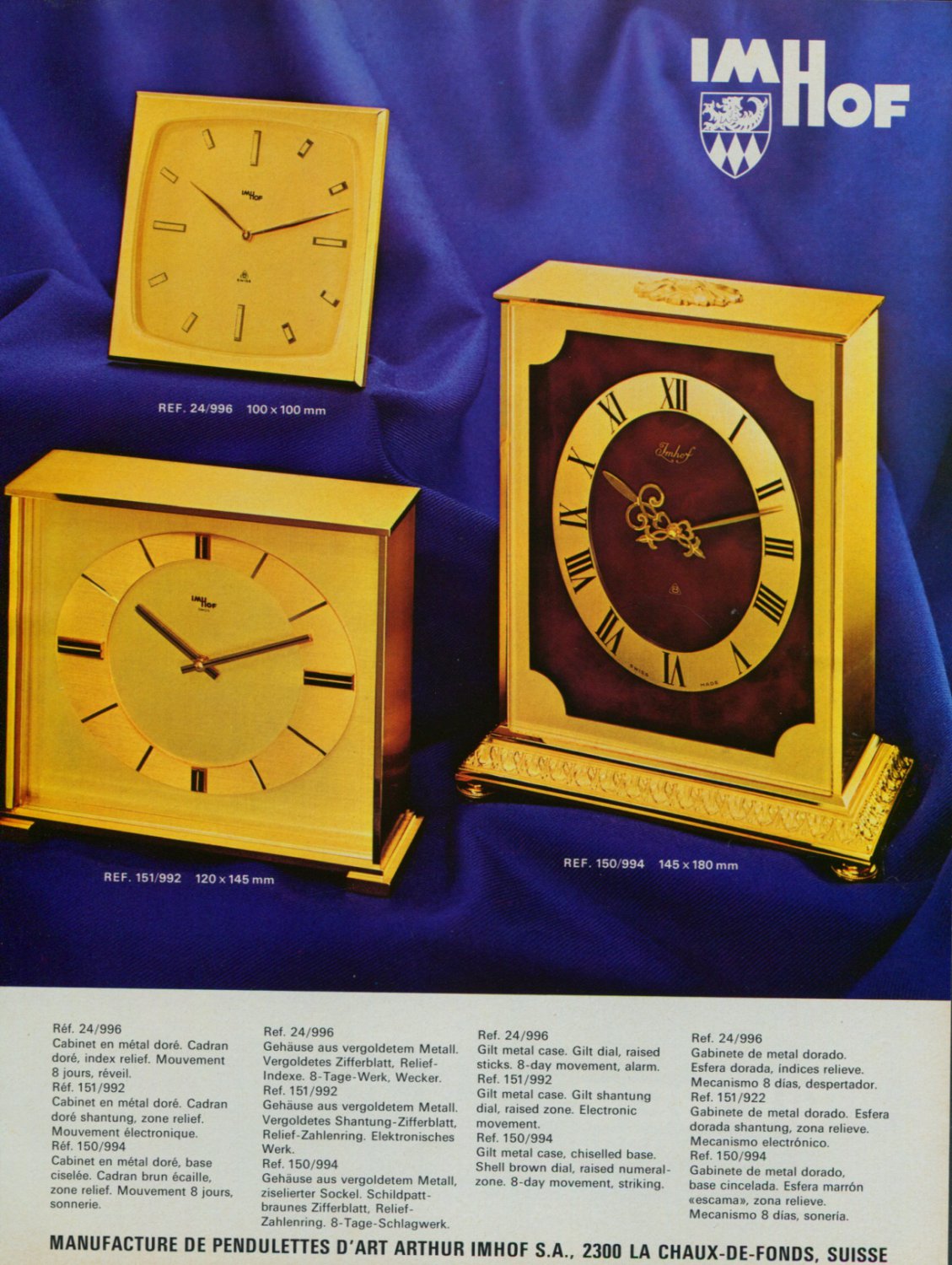 1976 Imhof Clock Company Arthur Imhof SA 1976 Swiss Ad Suisse Advert