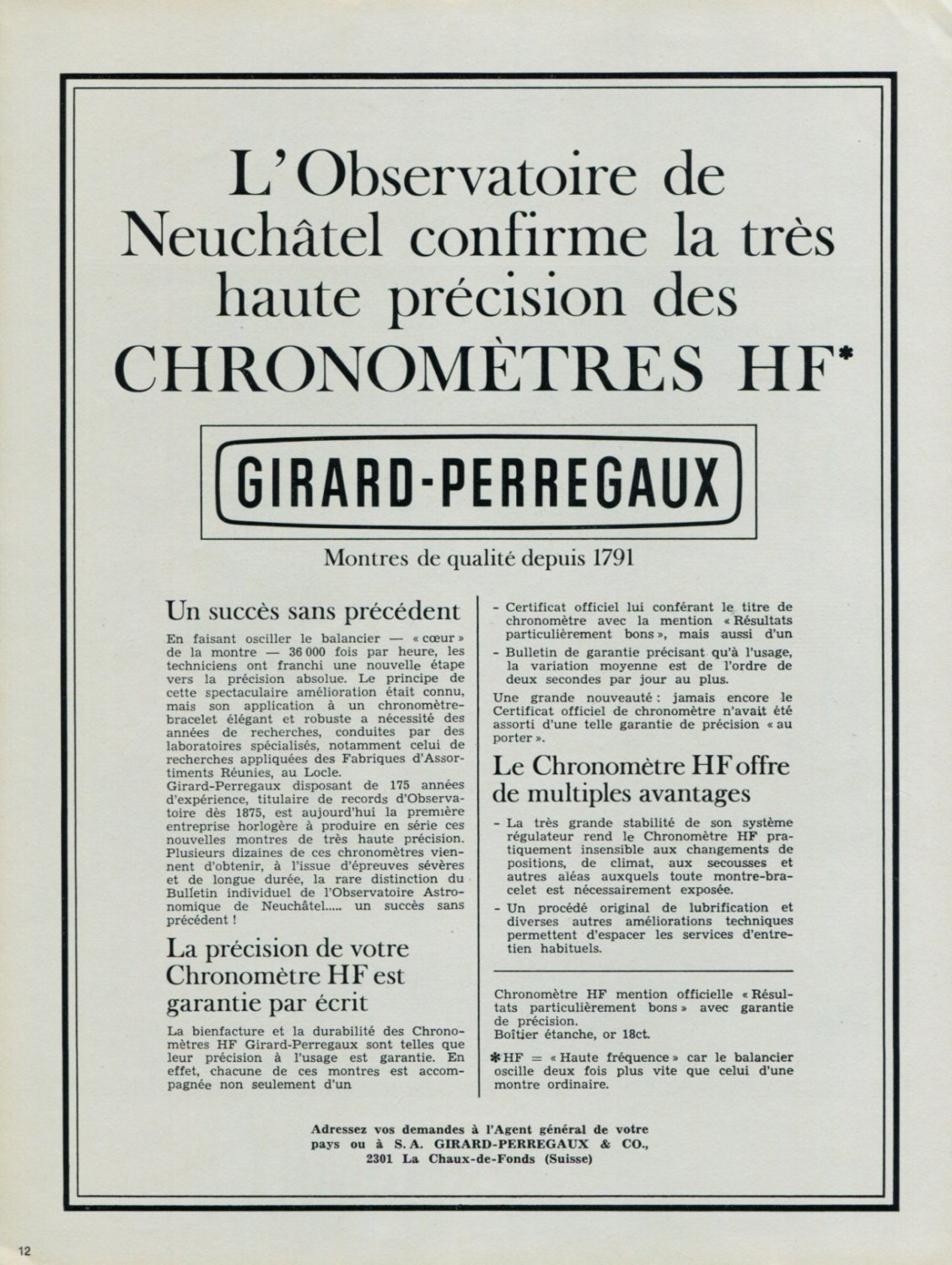 1967 Girard-Perregaux Watch Company La Chaux-de-Fonds Switzerland 1967 Swiss Ad Suisse Advert