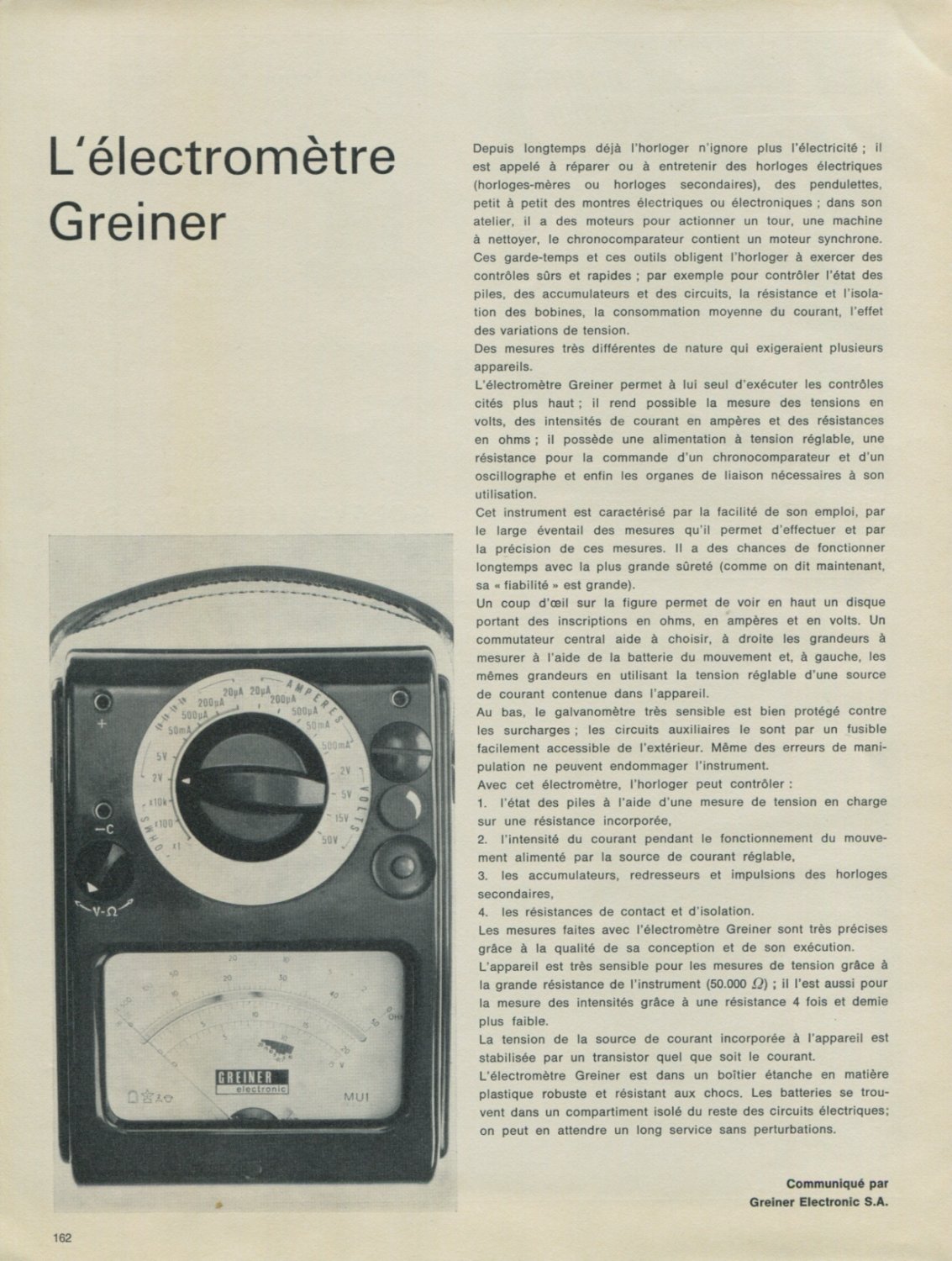 L'Electrometre Greiner 1967 Swiss Magazine Article Suisse Horlogerie Horology