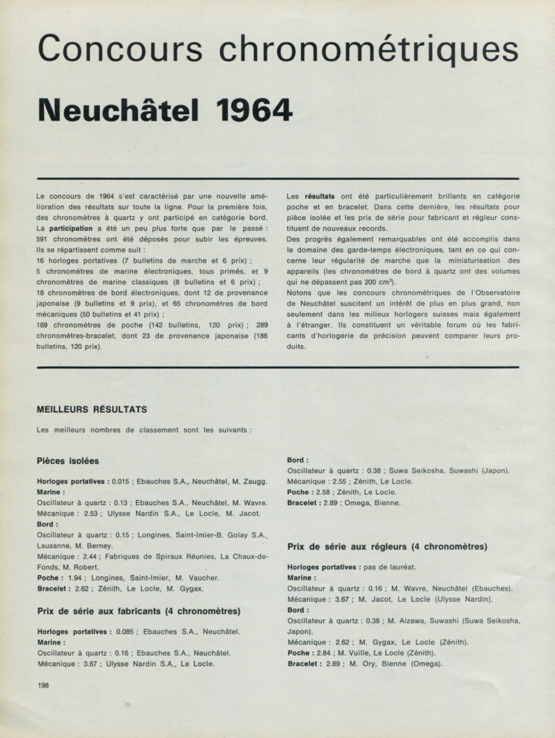 1964 Concours Chronometriques des Observatoires Suisses Swiss Magazine Article Horlogerie Horology