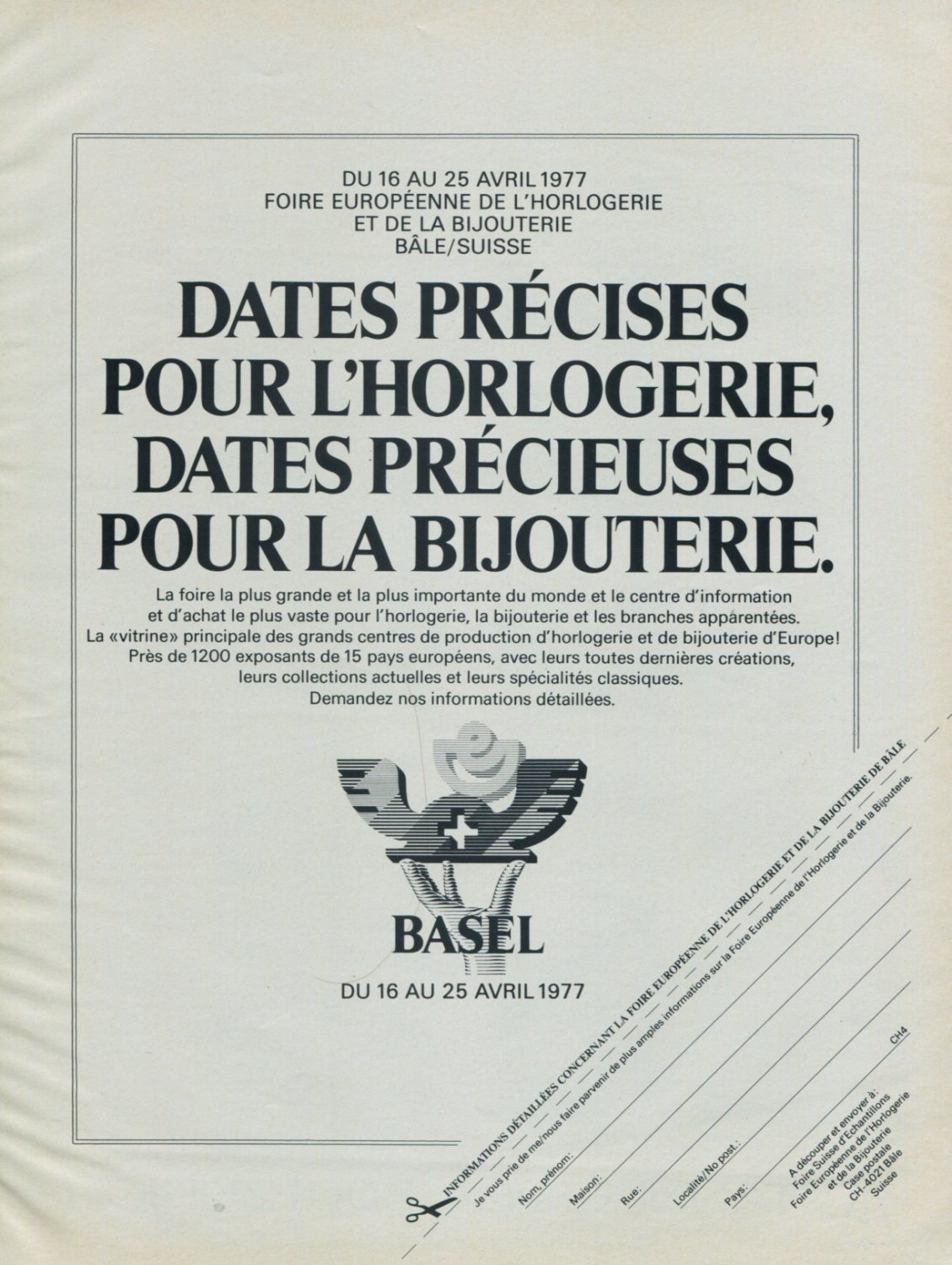1977 Swiss Watch Fair Basel Switzerland Vintage 1976 Swiss Ad Suisse Advert Horlogerie Horology