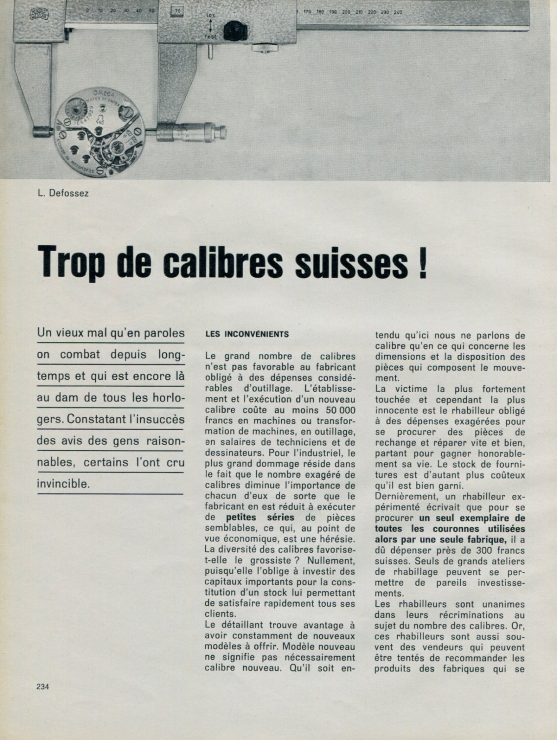 1963 Defossez Trop de Calibres Suisses 1963 Swiss Magazine Article Horlogerie Horology