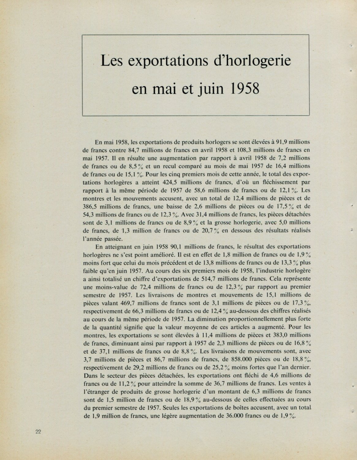 Les Exportations d'Horlogerie en Mai et Juin 1958 Vintage Swiss Magazine Article Horology Suisse