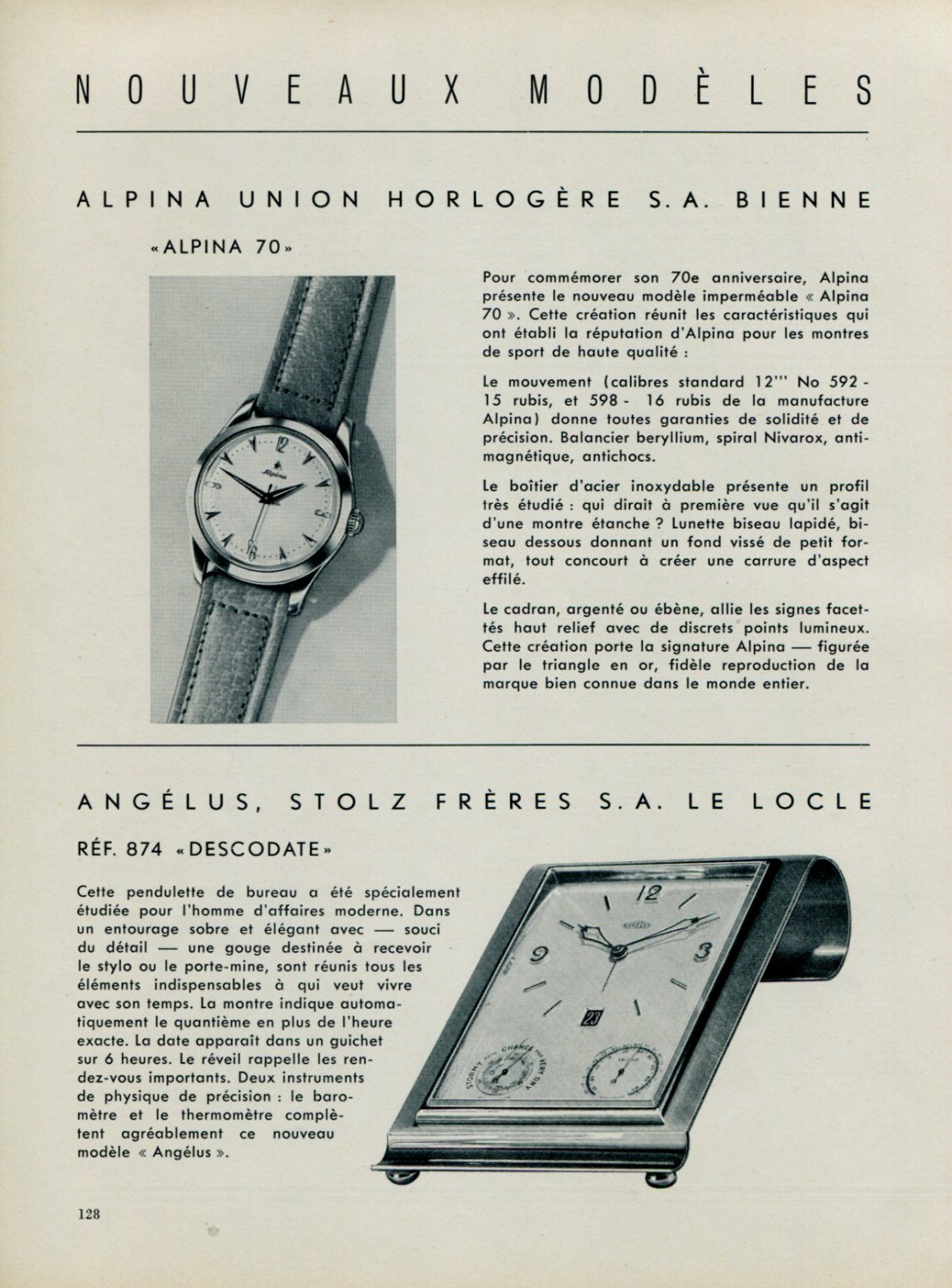 1953 Alpina Watch Company Angelus Watch Co. Nouveaux Modeles Vintage 1953 Swiss Magazine Article