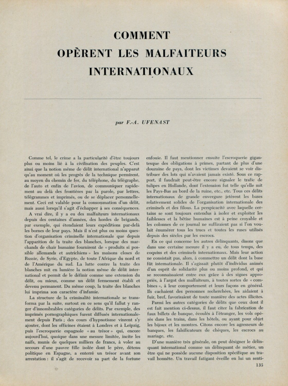 1953 Comment Operent les Malfaiteurs Internationaux 1953 Swiss Magazine Article by F.-A. Ufenast