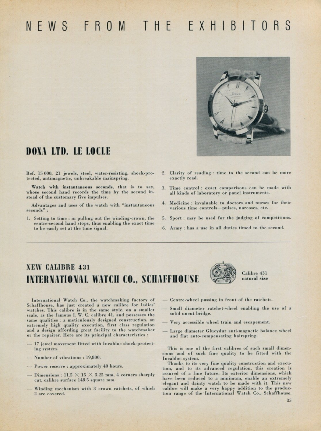 1955 Pierce Watch Company IWC Doxa Montilier Roamer News from Exhibitors 1955 Swiss Magazine Article