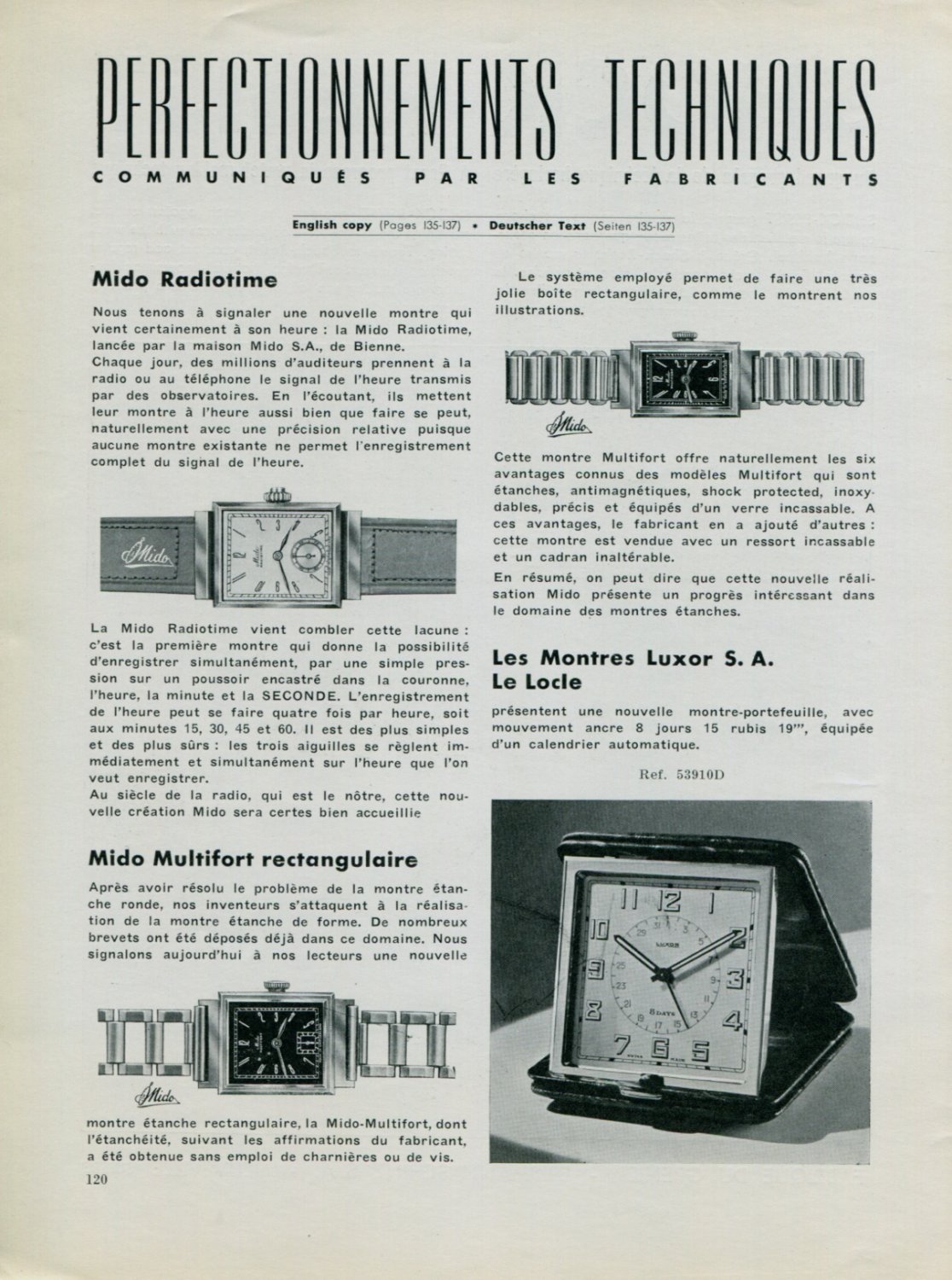 1939 Mido Watch Company Luxor Clock Company Vintage 1939 Swiss Magazine ...