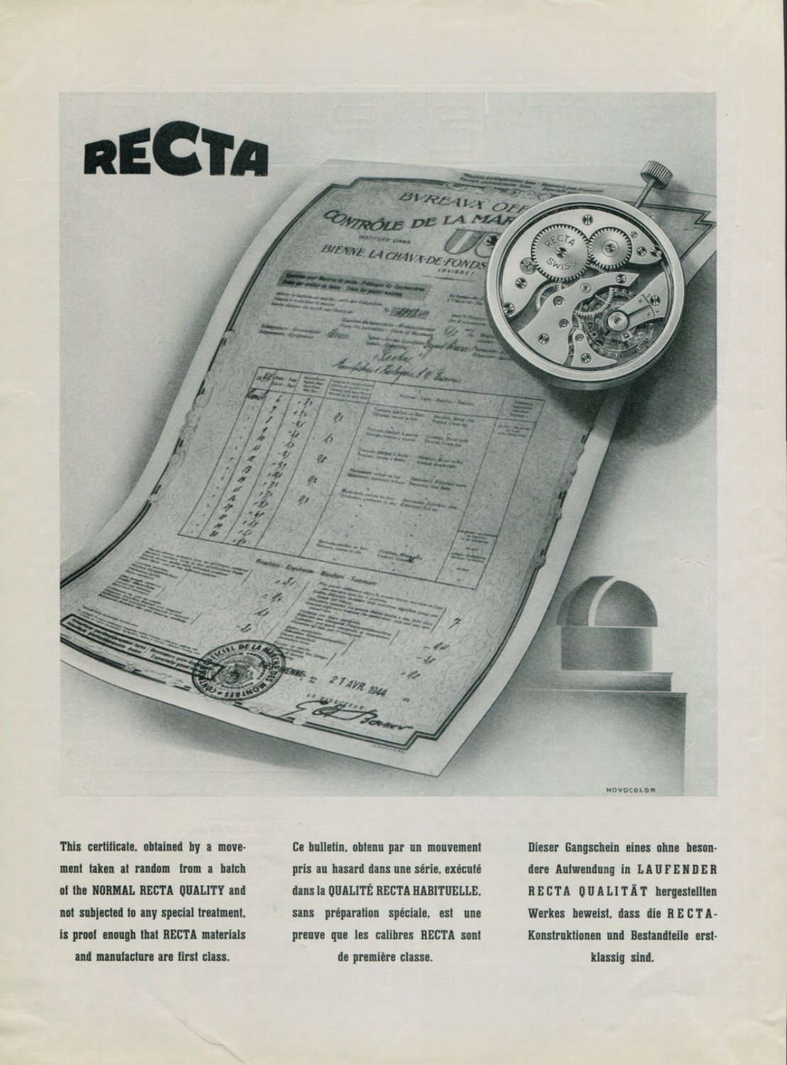 1944 Recta Watch Company Switzerland Vintage 1944 Swiss Ad Suisse Advert Horlogerie Horology