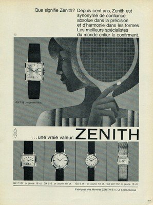 1965 Zenith Watch Company Switzerland Vintage 1965 Swiss Ad Suisse Advert (Tennis) Horlogerie