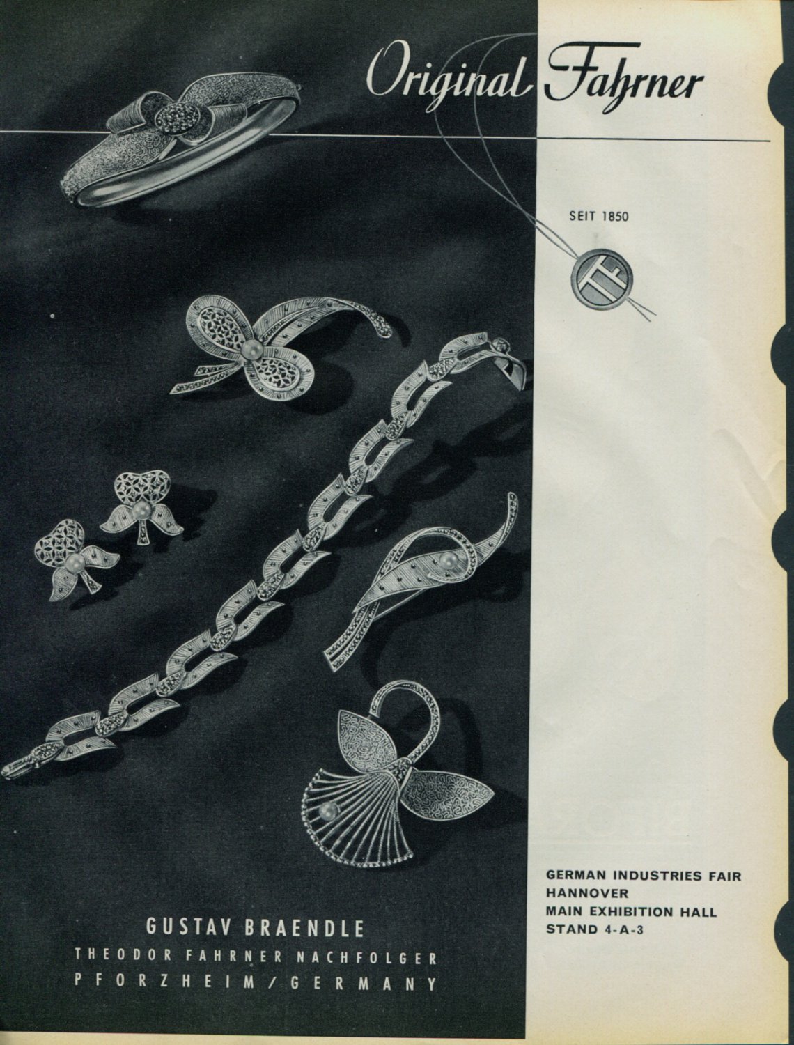 1958 Jeweler Gustav Braendle Theodor Fahrner Germany 1958 Swiss Ad Suisse Advert