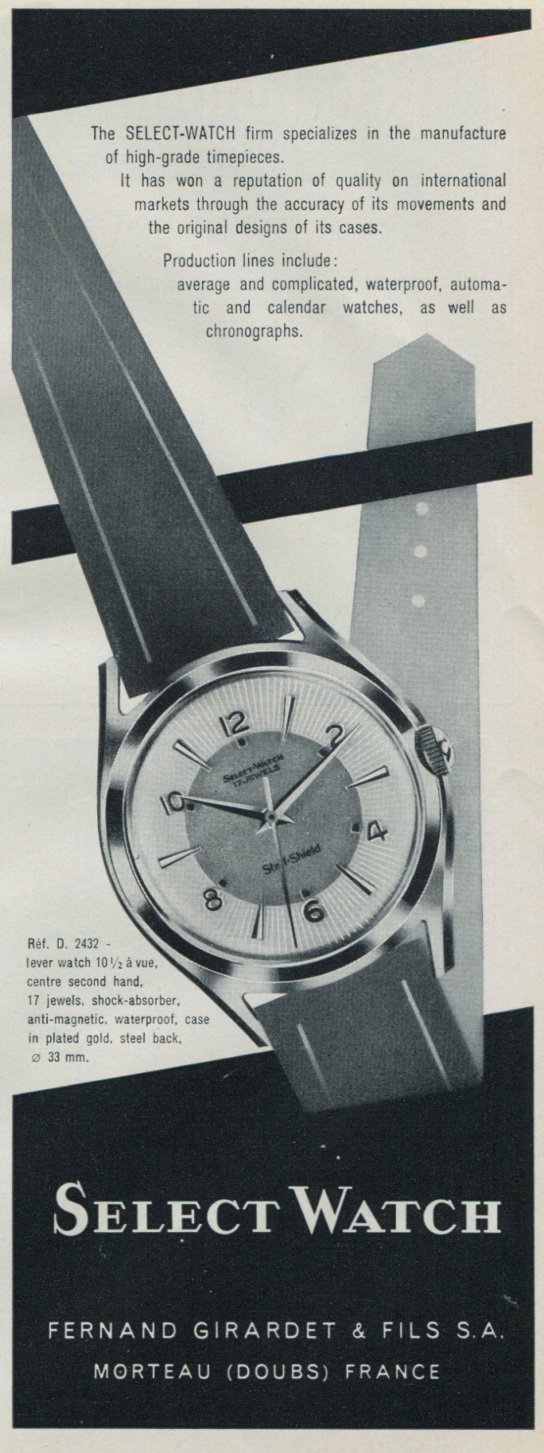 1958 Select Watch Company Fernand Girardet & Fils SA Switzerland 1958 Swiss Ad Suisse Advert