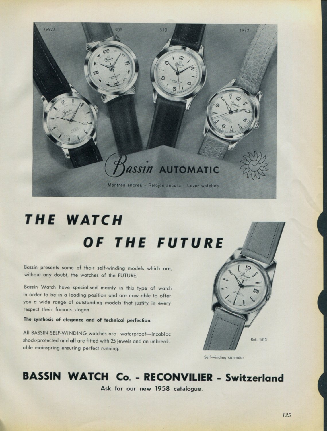 1958 Bassin Watch Company Reconvilier Switzerland Vintage 1958 Swiss Ad Suisse Advert