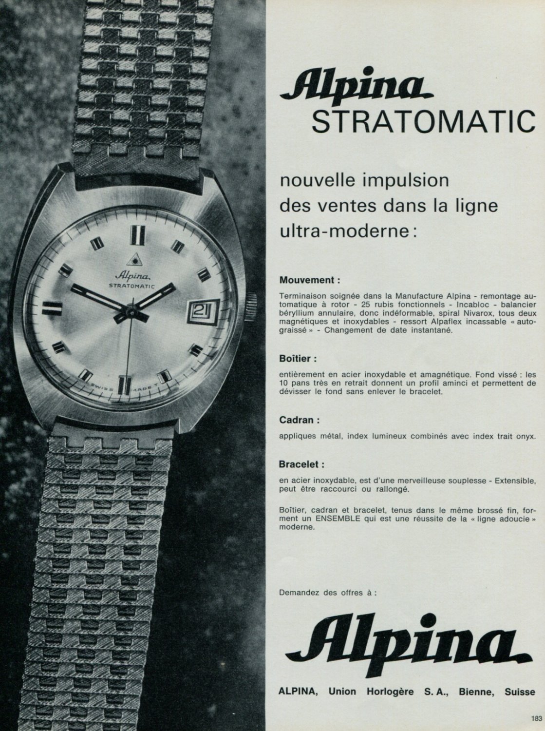 1967 Alpina Watch Company Alpina Stratomatic Advert Vintage 1967 Swiss ...