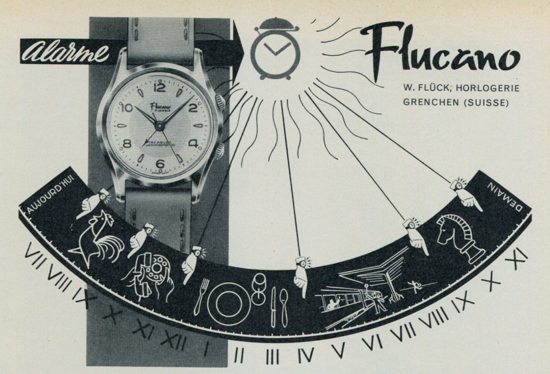 1957 Flucano Watch Company W. Fluck Grenchen Switzerland Vintage 1957 Swiss Ad Suisse Advert