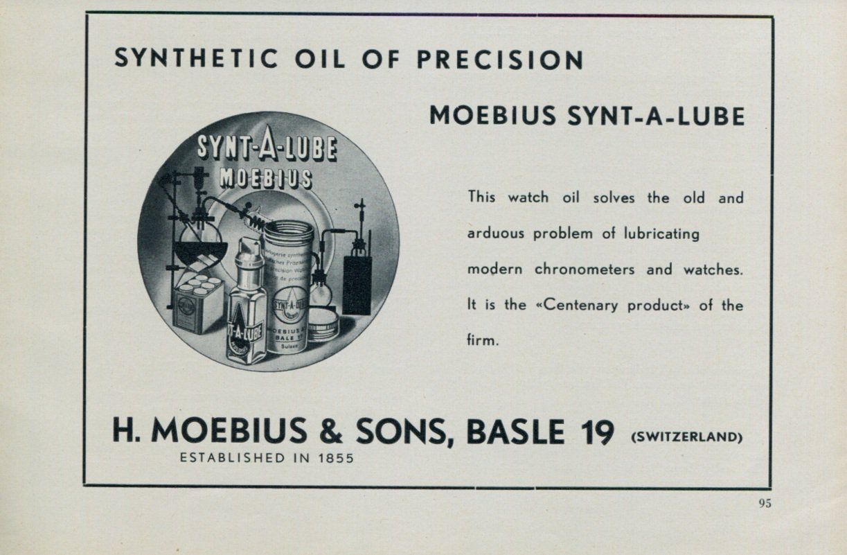 1957 H Moebius & Sons Moebius Synt-A-Lube Watch Oil Advert 1957 Swiss Ad Suisse Advert