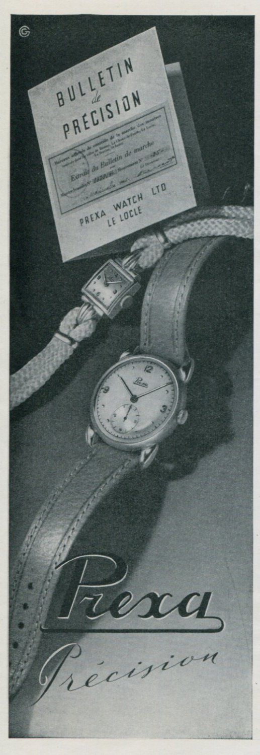 1947 Prexa Watch Company Switzerland Vintage 1947 Swiss Ad Suisse Advert Horology