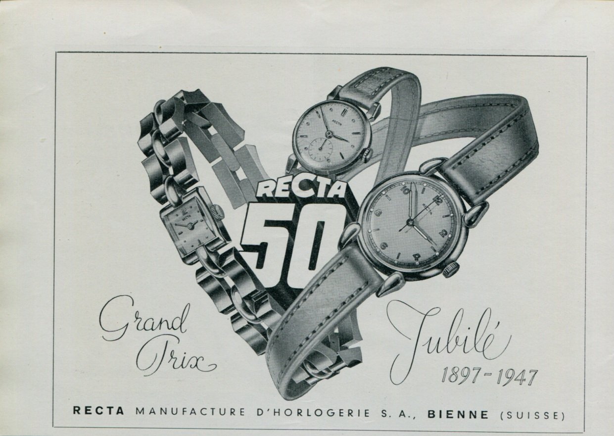1947 Recta Watch Company 1897-1947 50th Anniversary Vintage 1947 Swiss Ad Suisse Advert