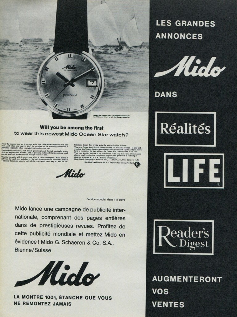 1965 Mido Watch Company Mido Ocean Star Advert Vintage 1965 Swiss Ad ...