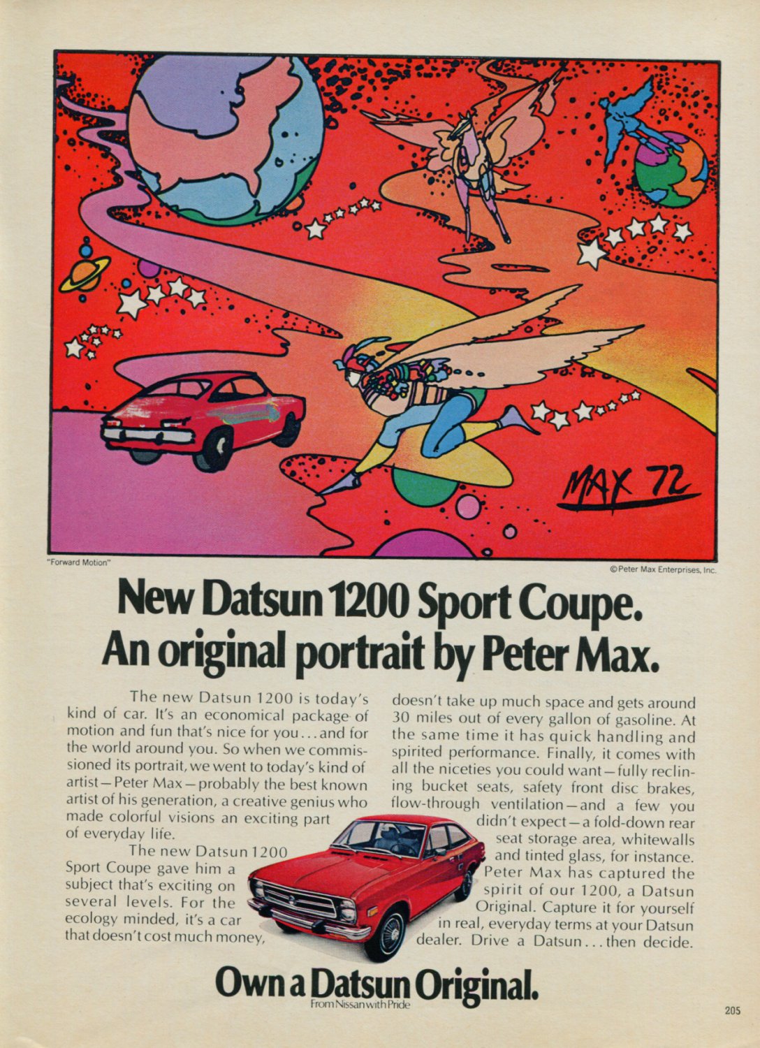 1973 Peter Max Forward Motion Datsun 1200 Vintage 1973 Magazine Ad Advert Advertisement