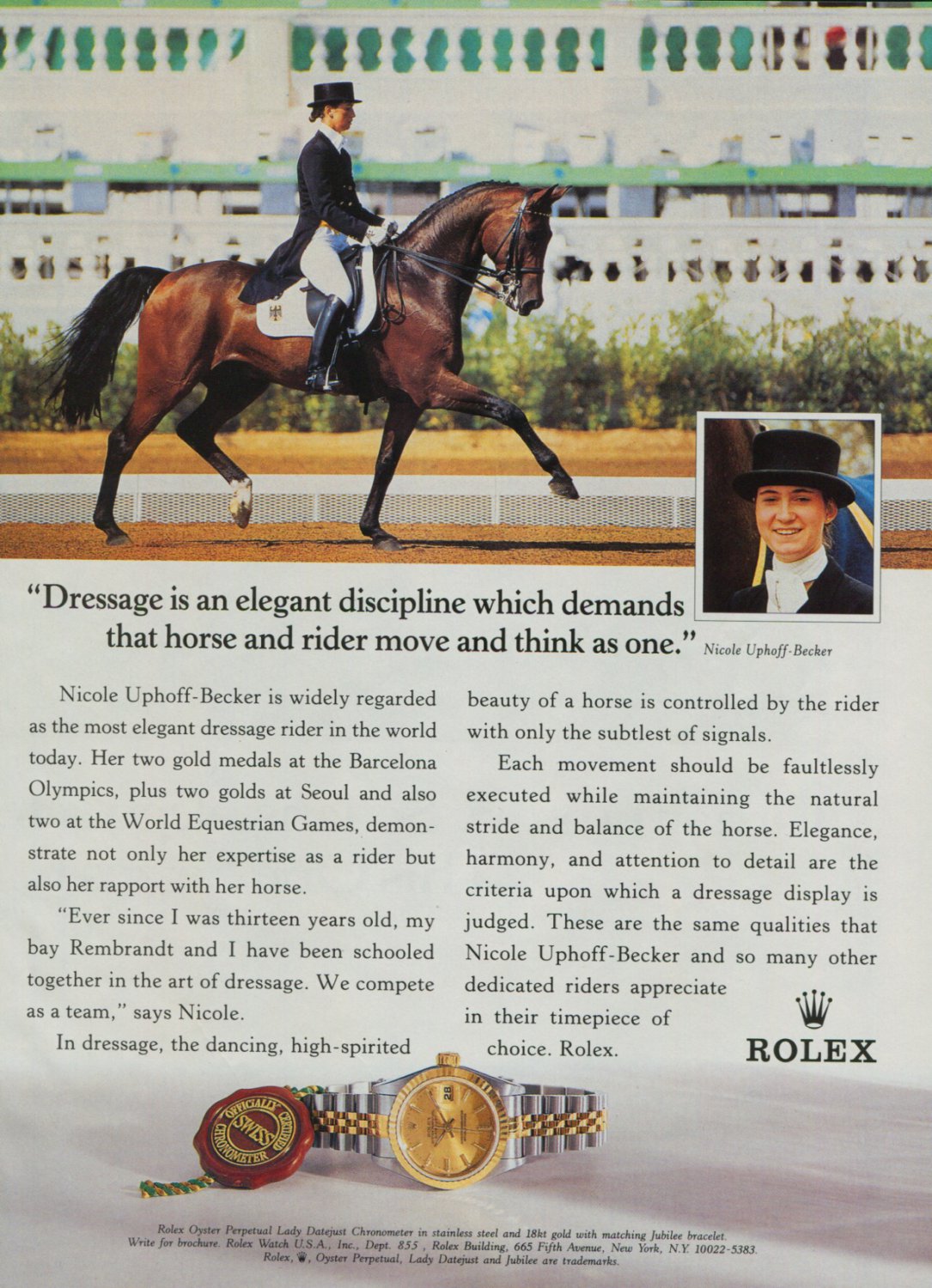 Rolex Watch Company Nicole Uphoff-Becker 1995 Print Ad Magazine Advert Horse Dressage