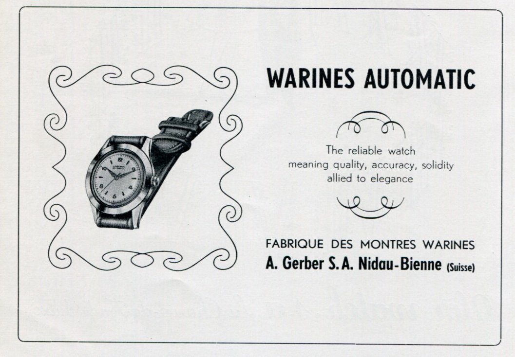 1951 Warines Watch Company A. Gerber SA Switzerland Vintage 1951 Swiss Ad Suisse Advert