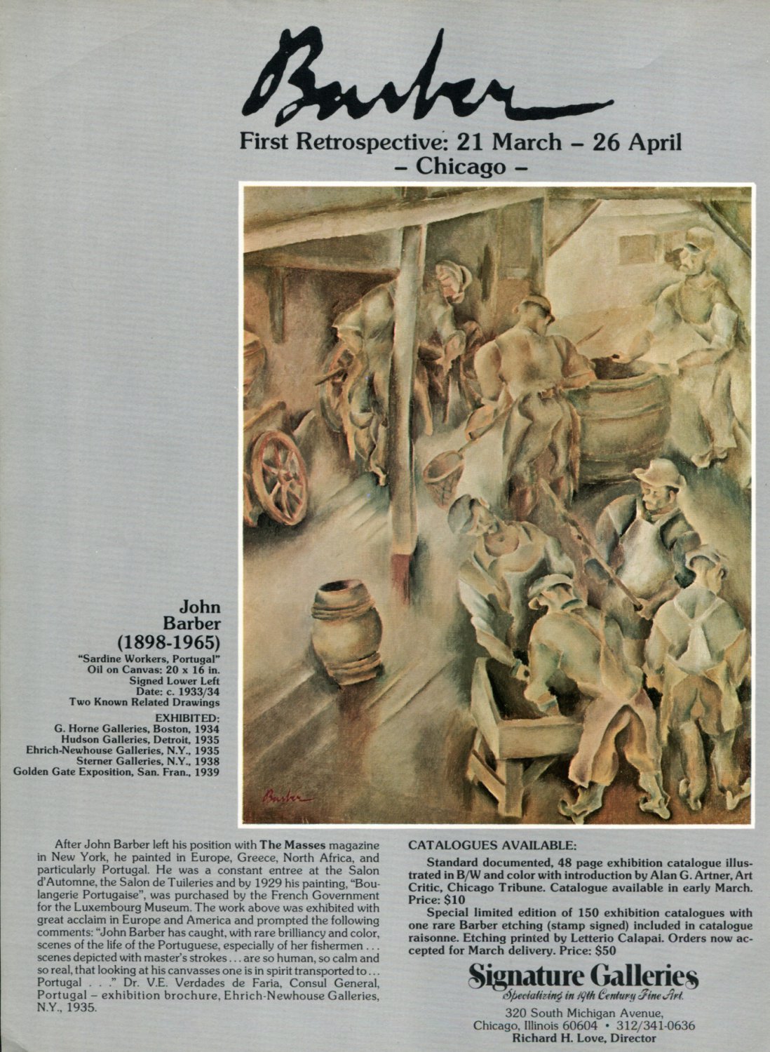 1975 John Barber Vintage 1975 Retrospective Art Exhibition Ad Sardine Workers Advert