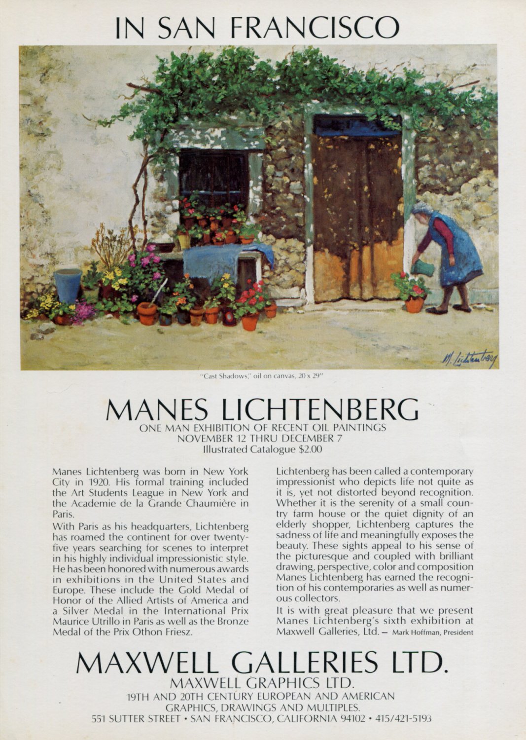 1974 Manes Lichtenberg Cast Shadows Vintage 1974 Art Exhibition Ad Advert Maxwell Galleries