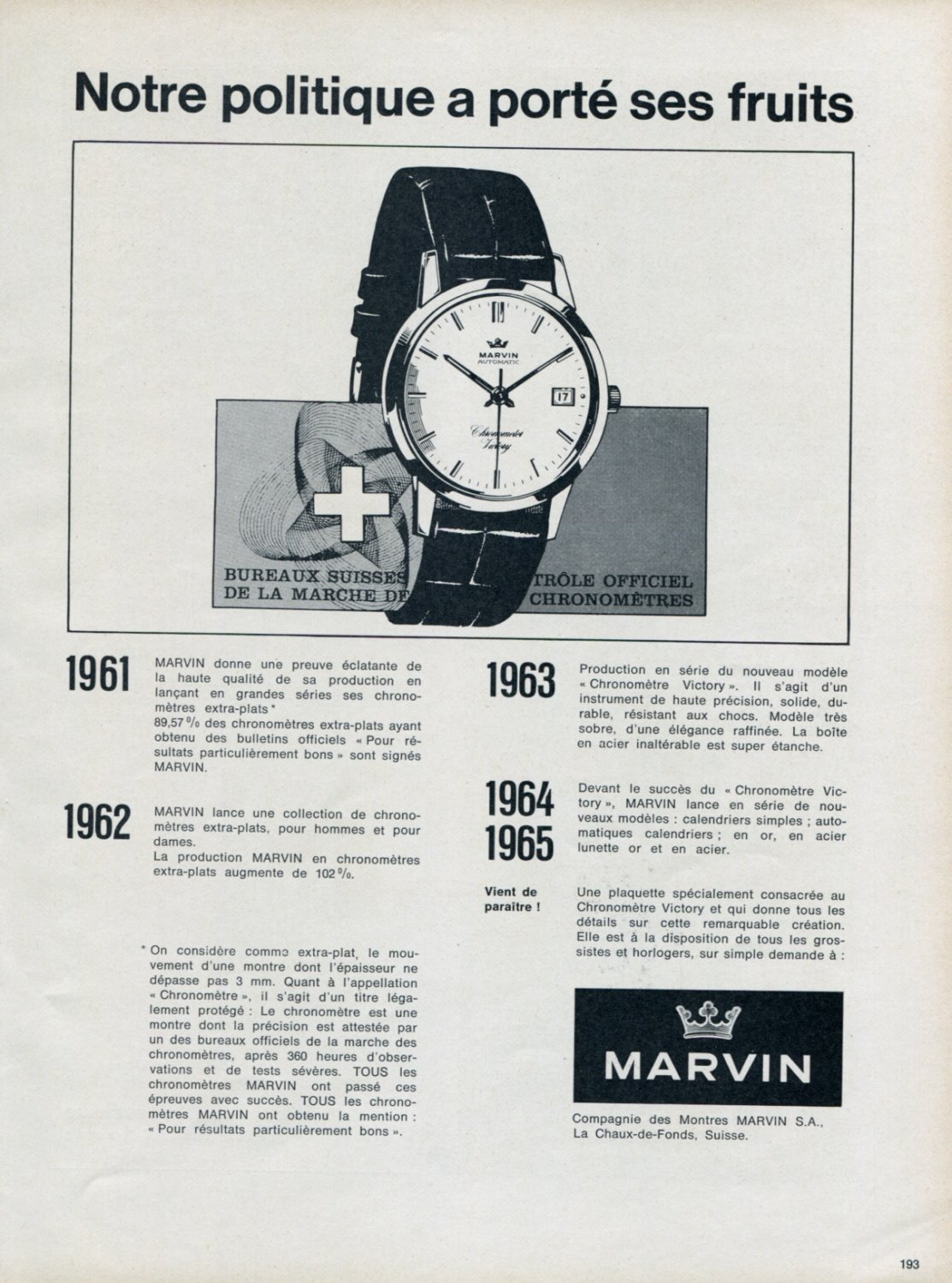 1965 Marvin Watch Company La Chaux-de-Fonds Switzerland Vintage 1965 Swiss Ad Suisse Advert