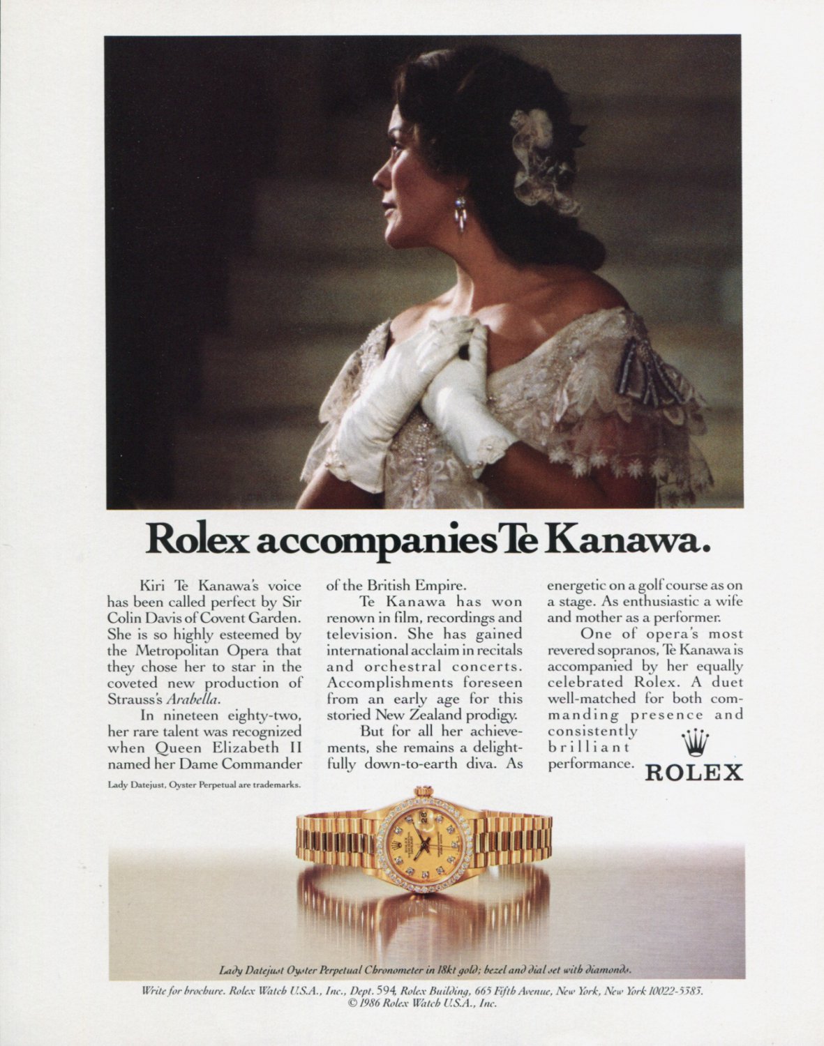 1992 Rolex Kiri Te Kanawa Rolex Watch Company Opera Star Te Kanawa Print Ad Advert