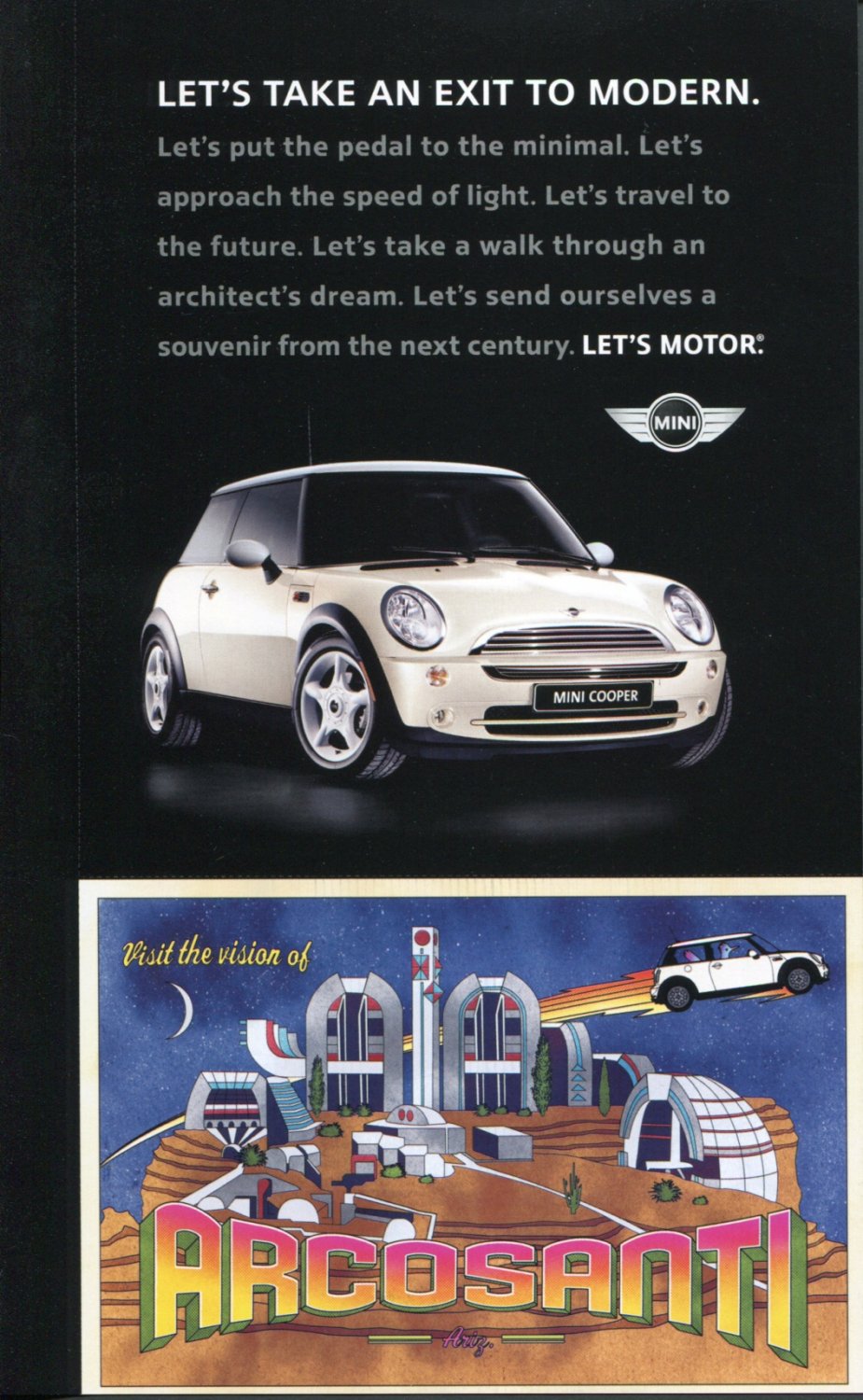 BMW Mini Cooper Arcosanti AZ Arizona Ad Postcard Mini Motoring Tour Advert