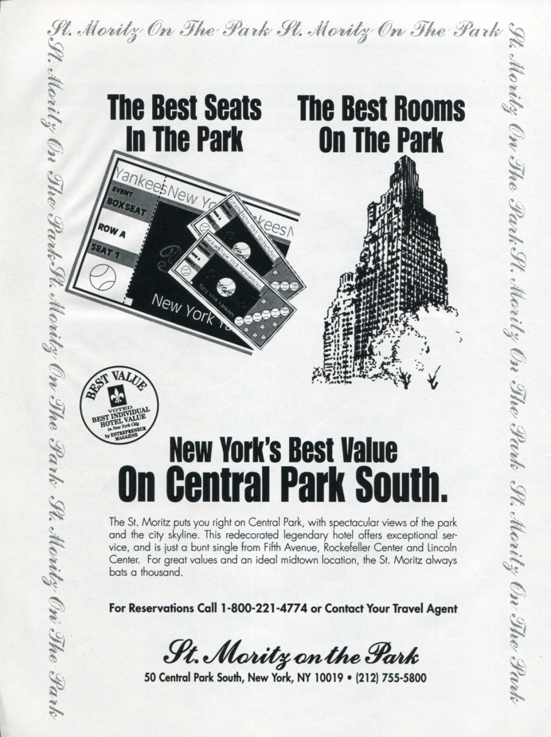 1996 St. Moritz on the Park Central Park NY New York 1996 Magazine Ad Advert Baseball NY Yankees