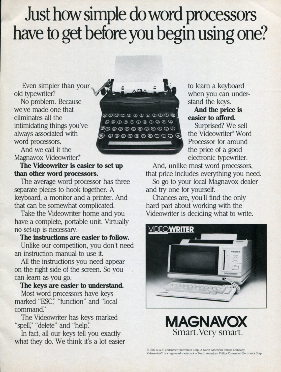 1987 Ad for Magnavox Videowriter Word Processor Magazine Ad Advertisement Advert
