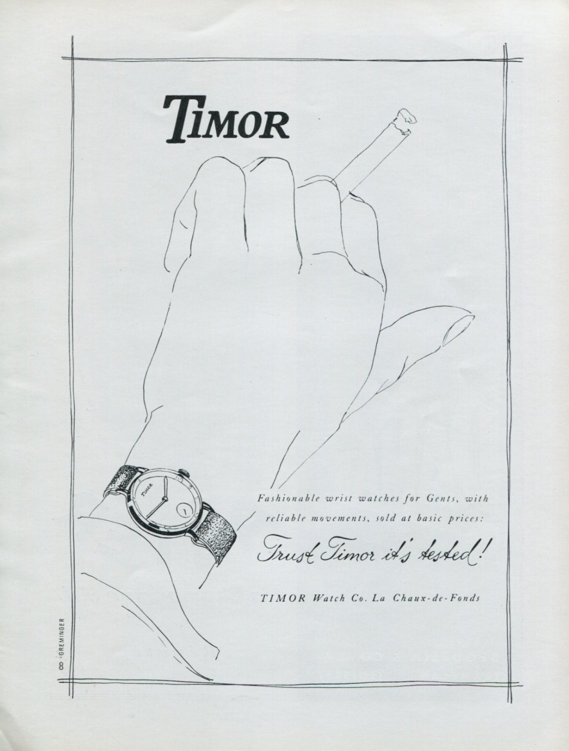 1947 Timor Watch Company La Chaux-de-Fonds Switzerland Vintage 1947 Swiss Ad Advert Suisse Schweiz