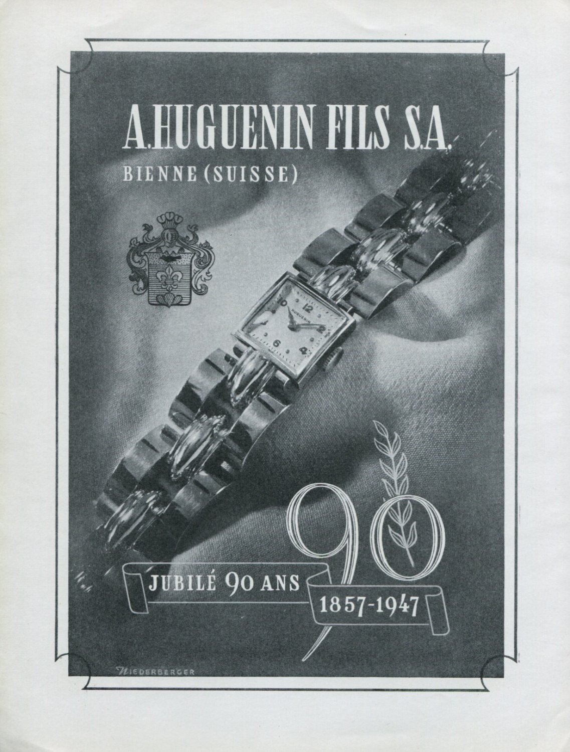 1947 Huguenin Watch Company 90th Anniversary Huguenin Fils 1947 Swiss Ad Advert Suisse Schweiz Suiza