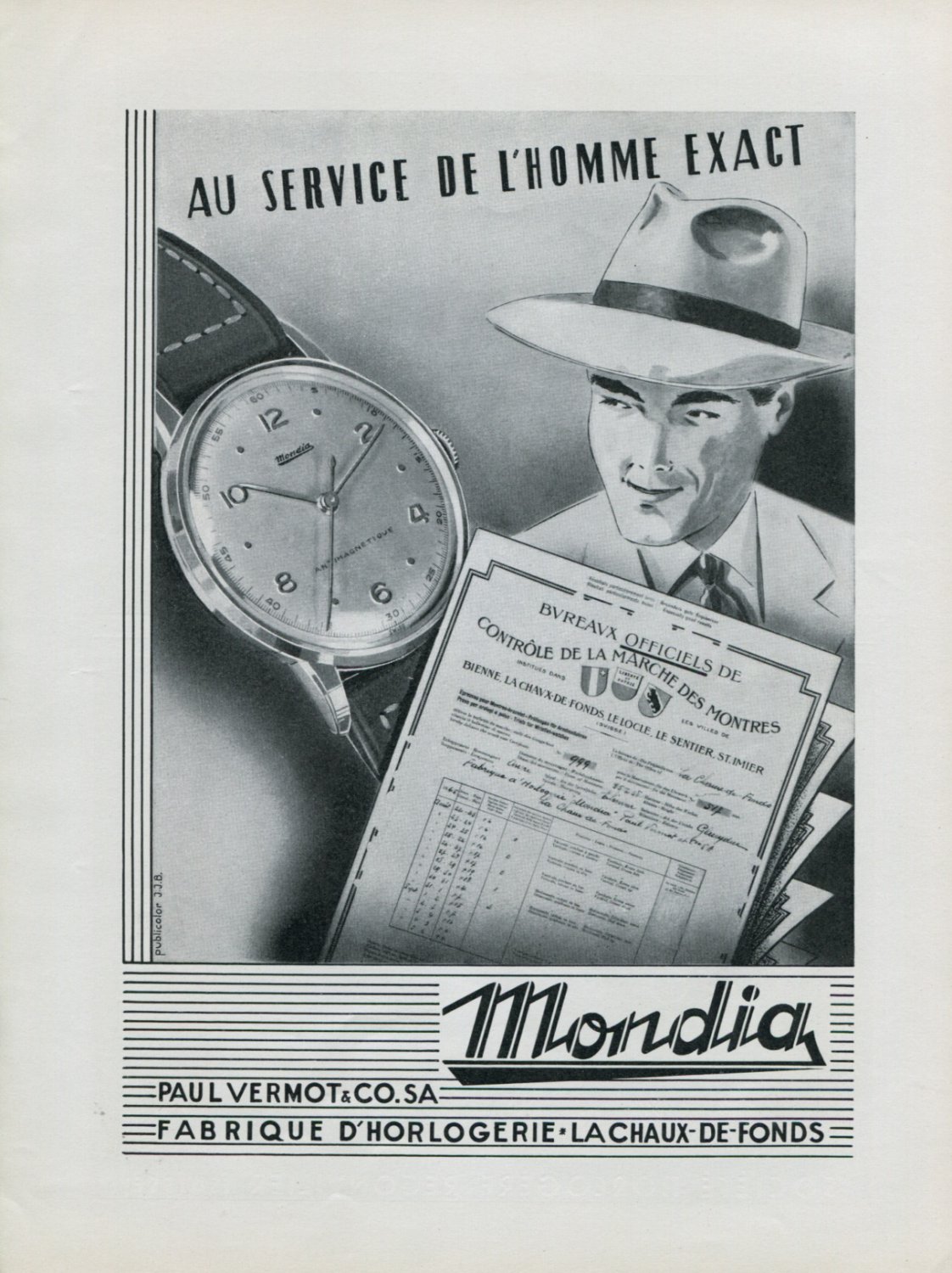 1946 Mondia Watch Company Switzerland Vintage 1946 Swiss Ad Advert Suisse Schweiz Suiza Paul Vermot