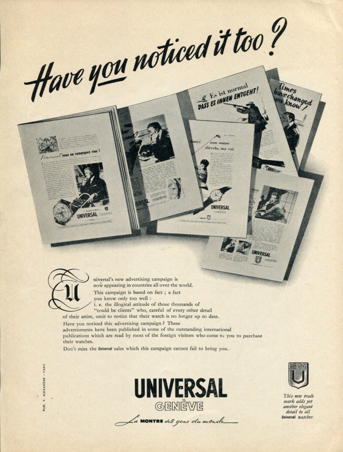 1952 Universal Watch Company Universal Geneve Switzerland 1952 Swiss Ad Advert Suisse Suiza