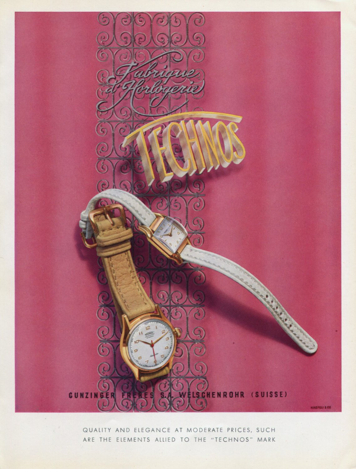 1952 Technos Watch Company Gunzinger Freres Switzerland Vintage 1952 Swiss Ad Advert Suiza Suisse